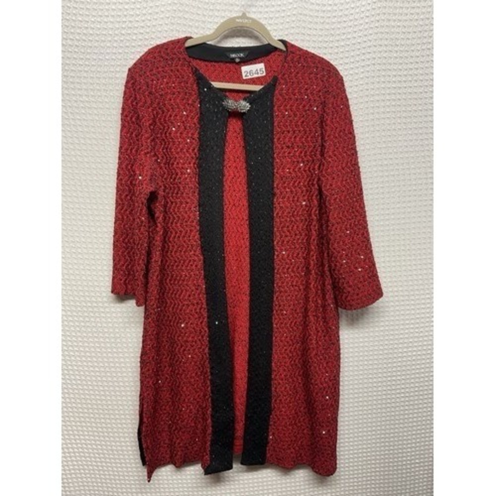 Misook Red Sparkle Sequin Christmas Evening Long Duster Cardigan Women XL China